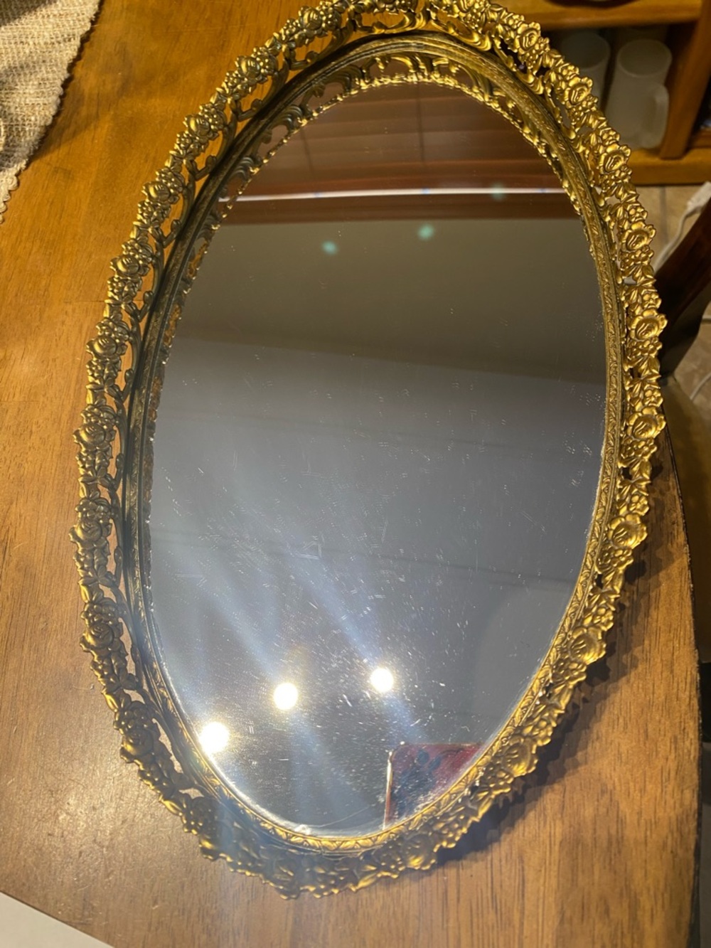 Vintage oval mirrored Vanity Tray. Ornate gold filigree frame perfume dresser